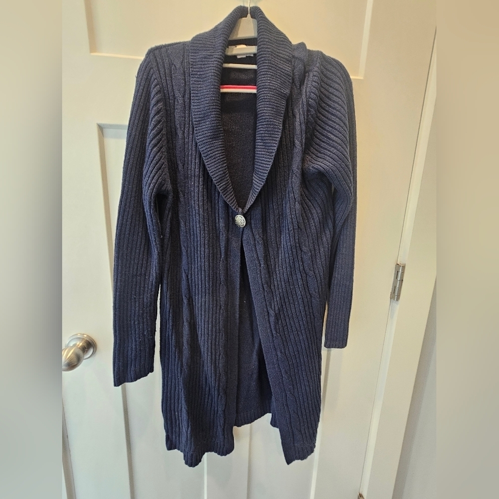 Denim & Co. Navy Blue Cable Knit Shawl Collar Long Cardigan Sweater Women’s M
